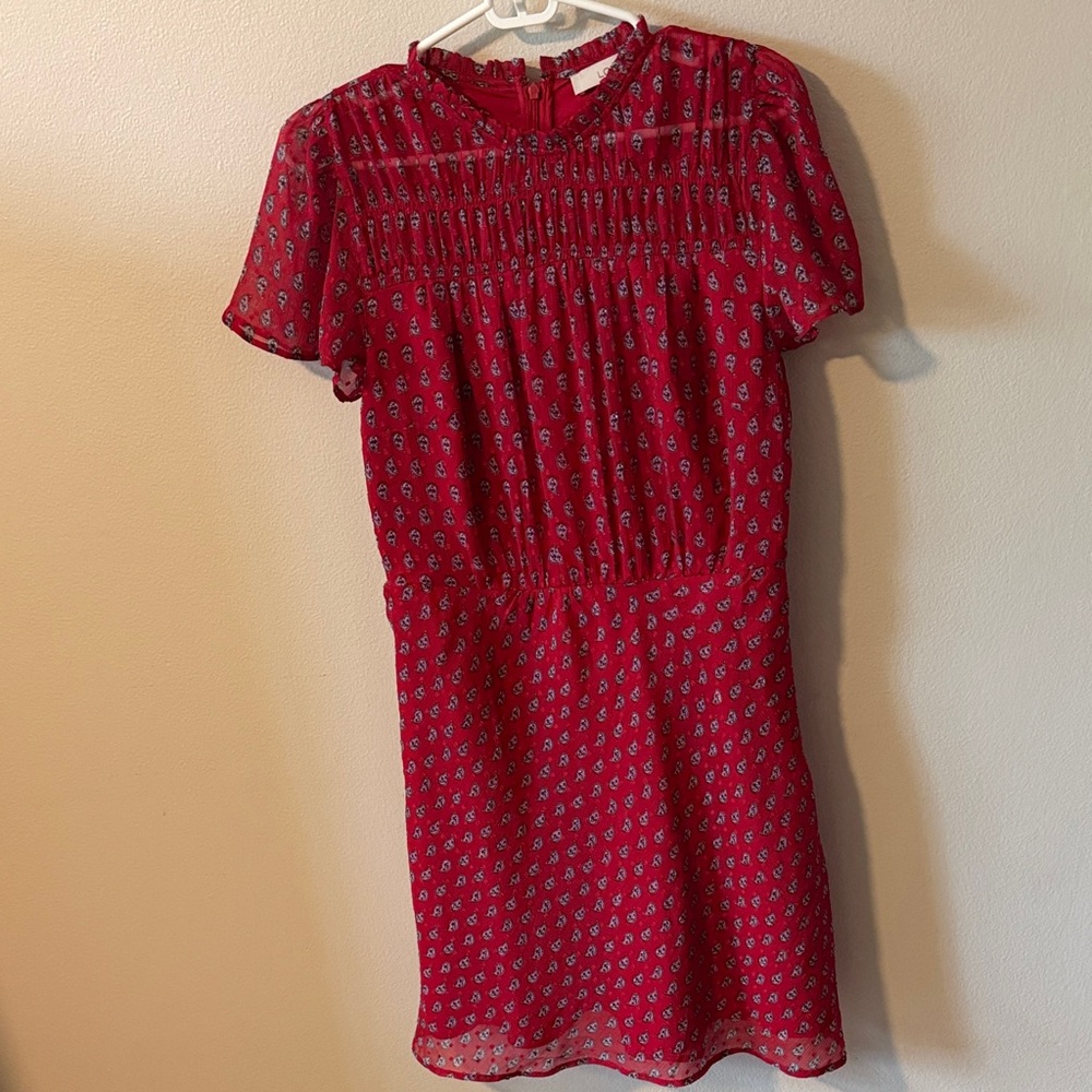 LOFT Red Short-Sleeve Mini Dress with Smocked Yoke